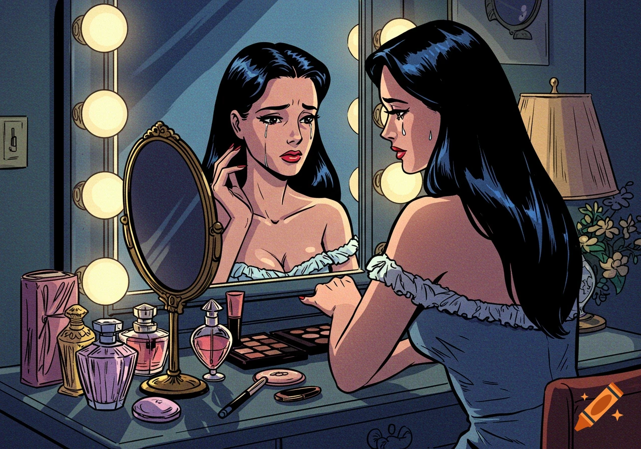 A crying woman with long dark hair, in a comic-book style, sits at a dressing table looking at her reflection in the mirror.