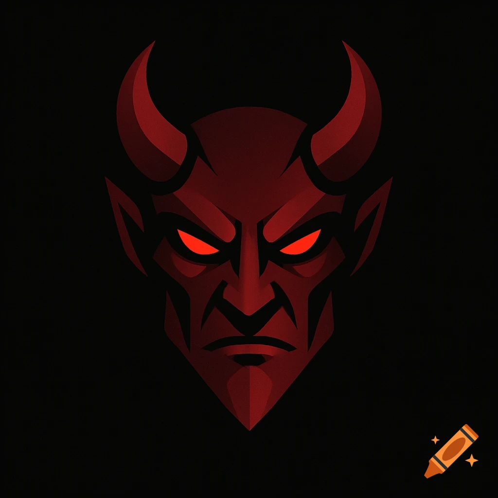 A stylized red devil or demon head with glowing red eyes on a black background.