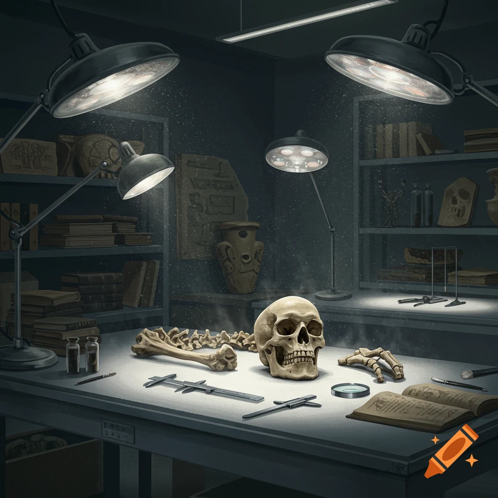 A detailed illustration of a forensic anthropology lab with a human skull, bones, and tools on a desk under bright lamps, surrounded by shelves of artifacts.