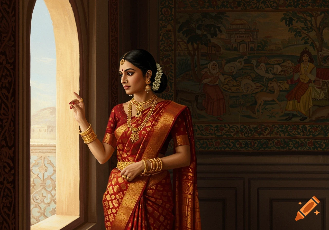 An elegant Indian woman in a red and gold saree and ornate jewelry stands by an arched window in a realistic painting.
