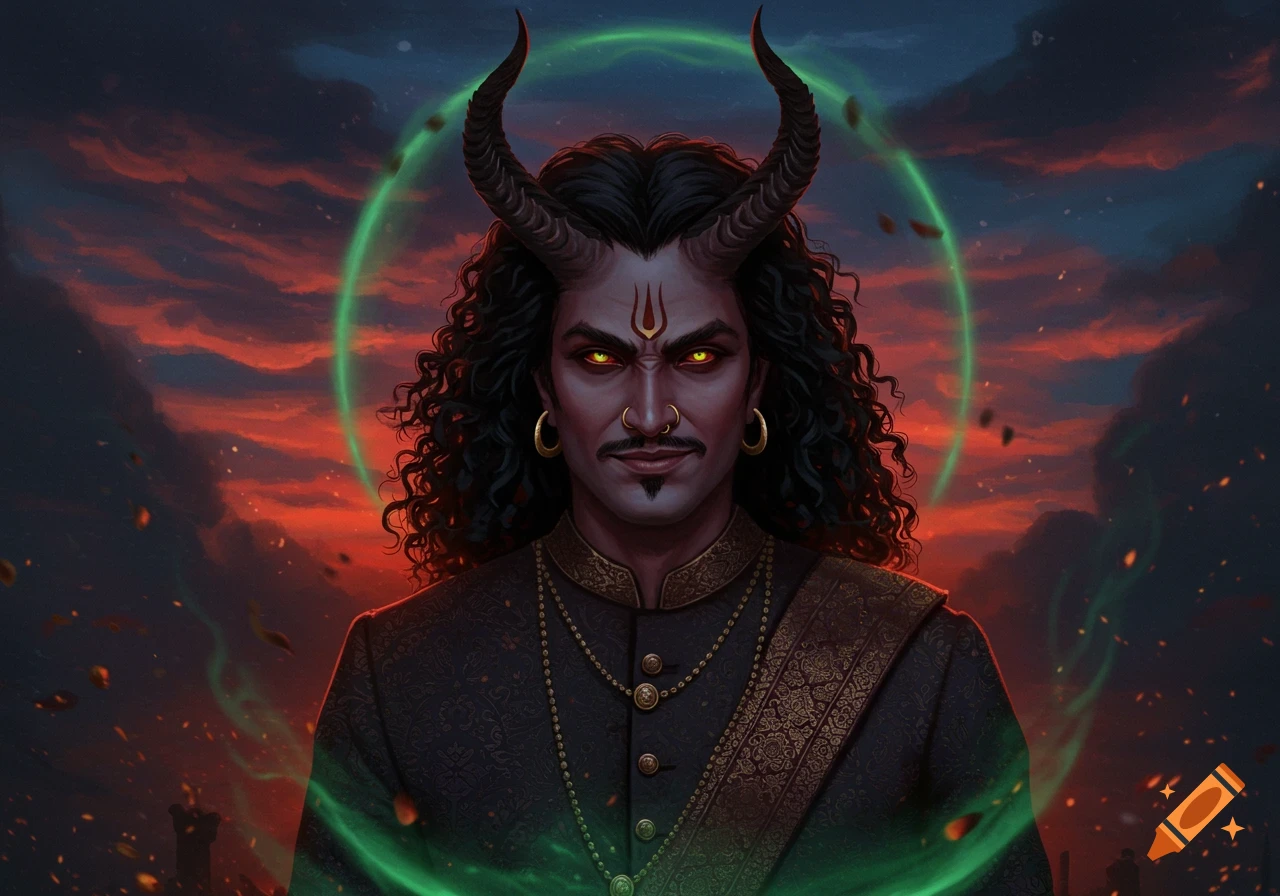 Digital painting of an Indian man with horns, glowing yellow eyes, curly hair, mustache, and ornate dark attire against a fiery sky.
