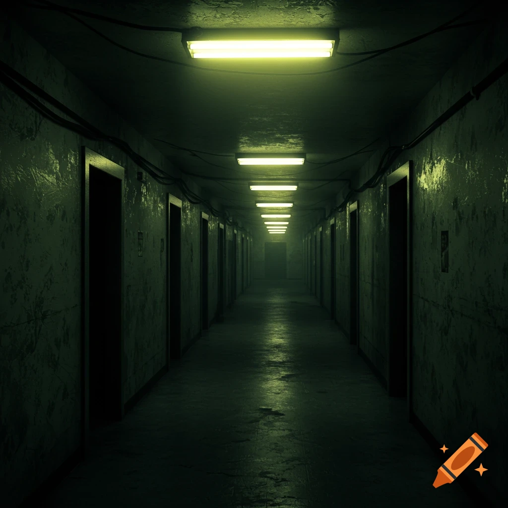 A long, dark, and eerie hallway with identical doors and fluorescent lights, receding into the distance, with a green tint and distressed walls.