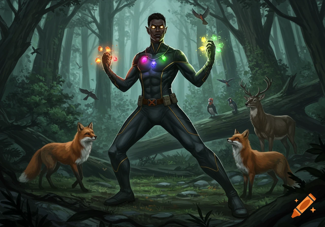 A dark-skinned mutant in an X-Men uniform with glowing eyes holds colorful chaos emeralds in a lush forest with foxes, a deer, and birds.