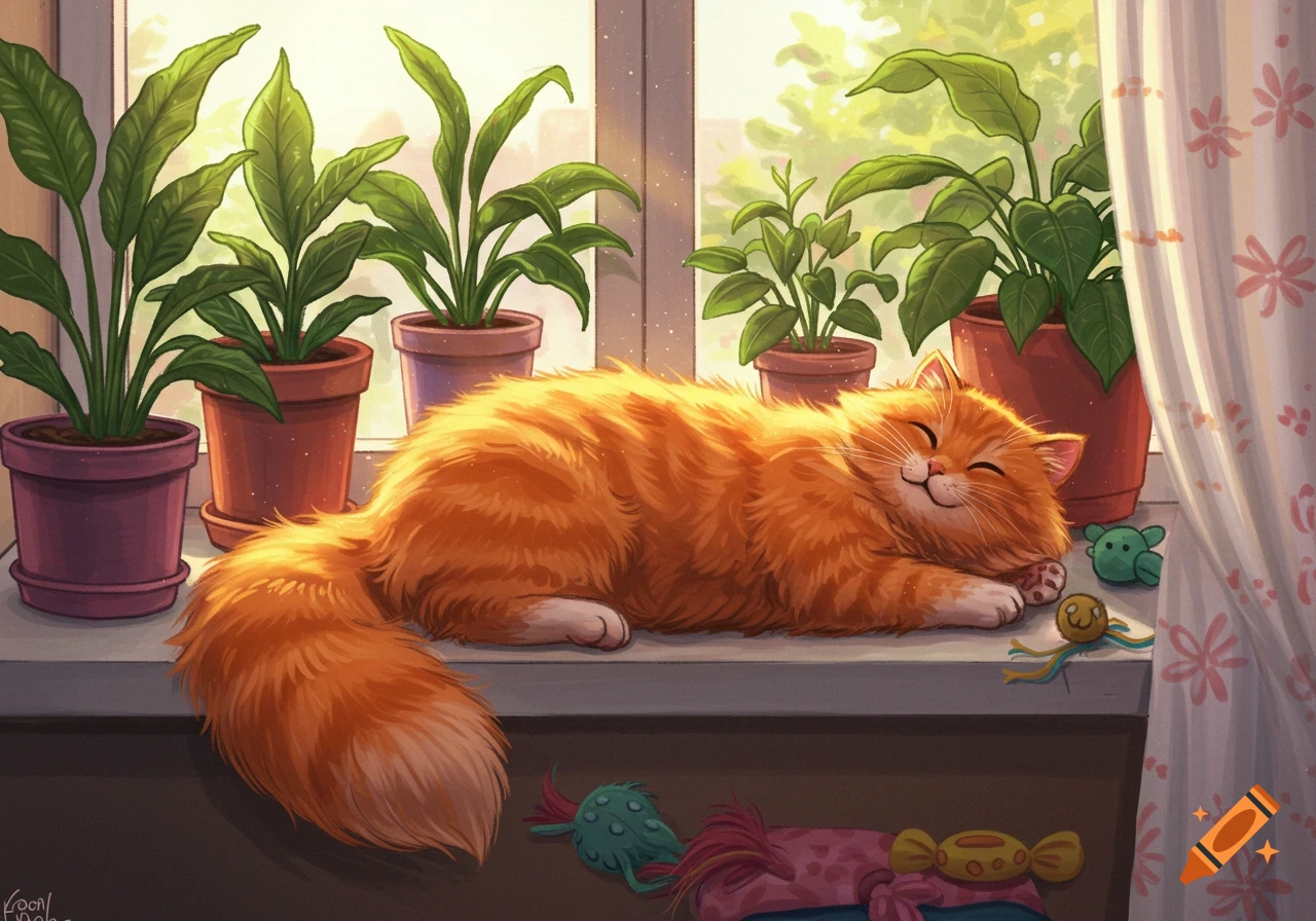 An orange fluffy cat sleeps peacefully on a sunlit windowsill, surrounded by potted green plants.