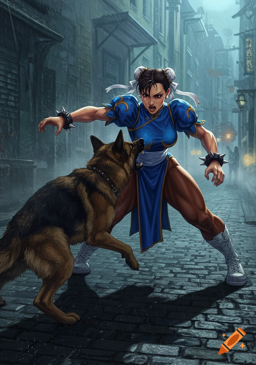 Chun-Li from Street Fighter fights an aggressive German Shepherd on a rainy cobblestone street, digital art.