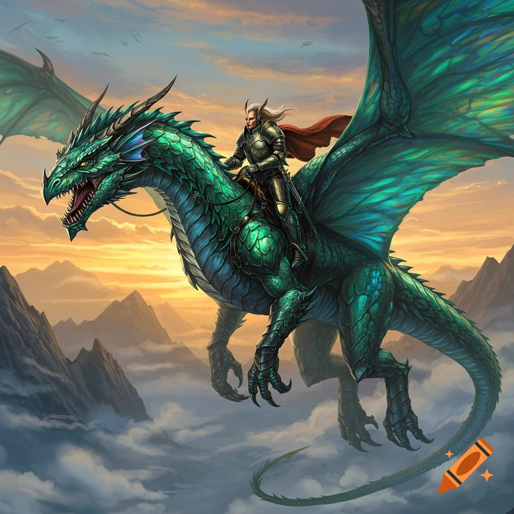 A knight in scale armor rides a large, vibrant green dragon through a cloudy mountain range at sunset, in a detailed fantasy art style.