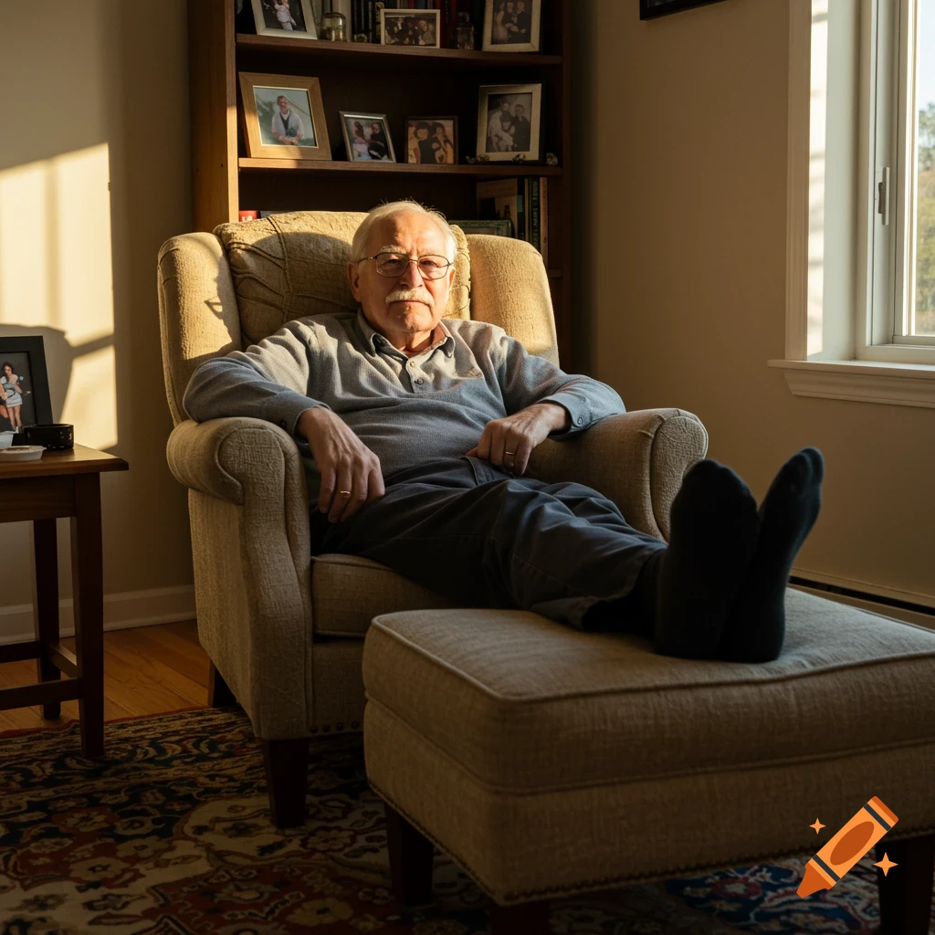 Photorealistic image of an elderly man with glasses and a mustache relaxing in an armchair with his feet up on an ottoman at home.