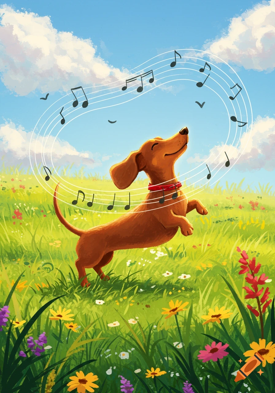 A happy brown dachshund leaps through a sunny green field with wildflowers, surrounded by musical notes in a blue sky.
