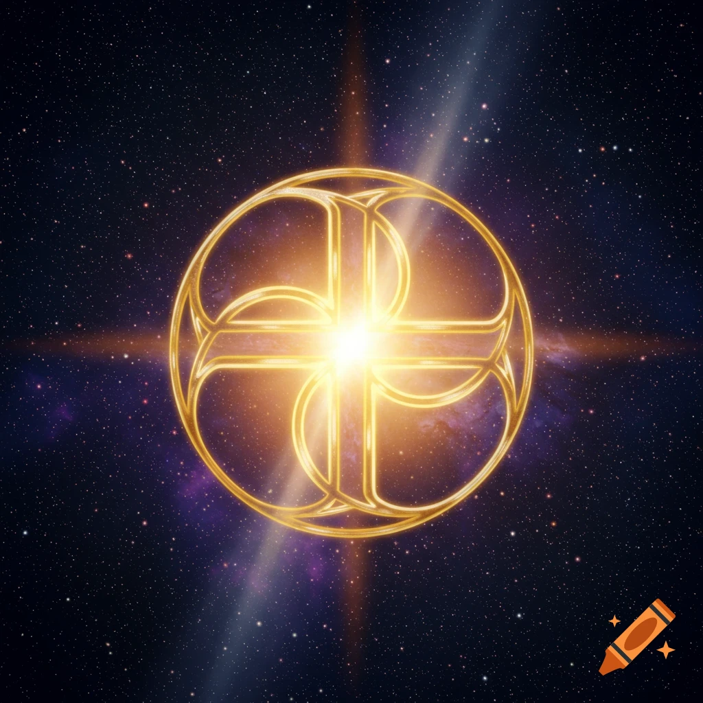 A radiant golden intertwined symbolic cross within a circle against a dark cosmic background with stars and purple nebulas.