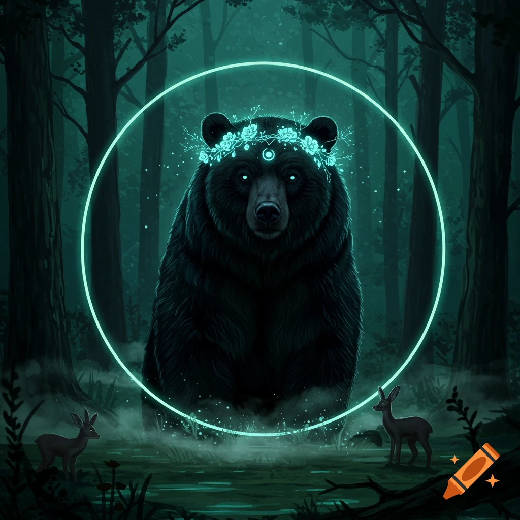 A mystical dark bear with glowing eyes and a turquoise flower crown, encircled by a neon ring in a misty, dark forest with small deer.