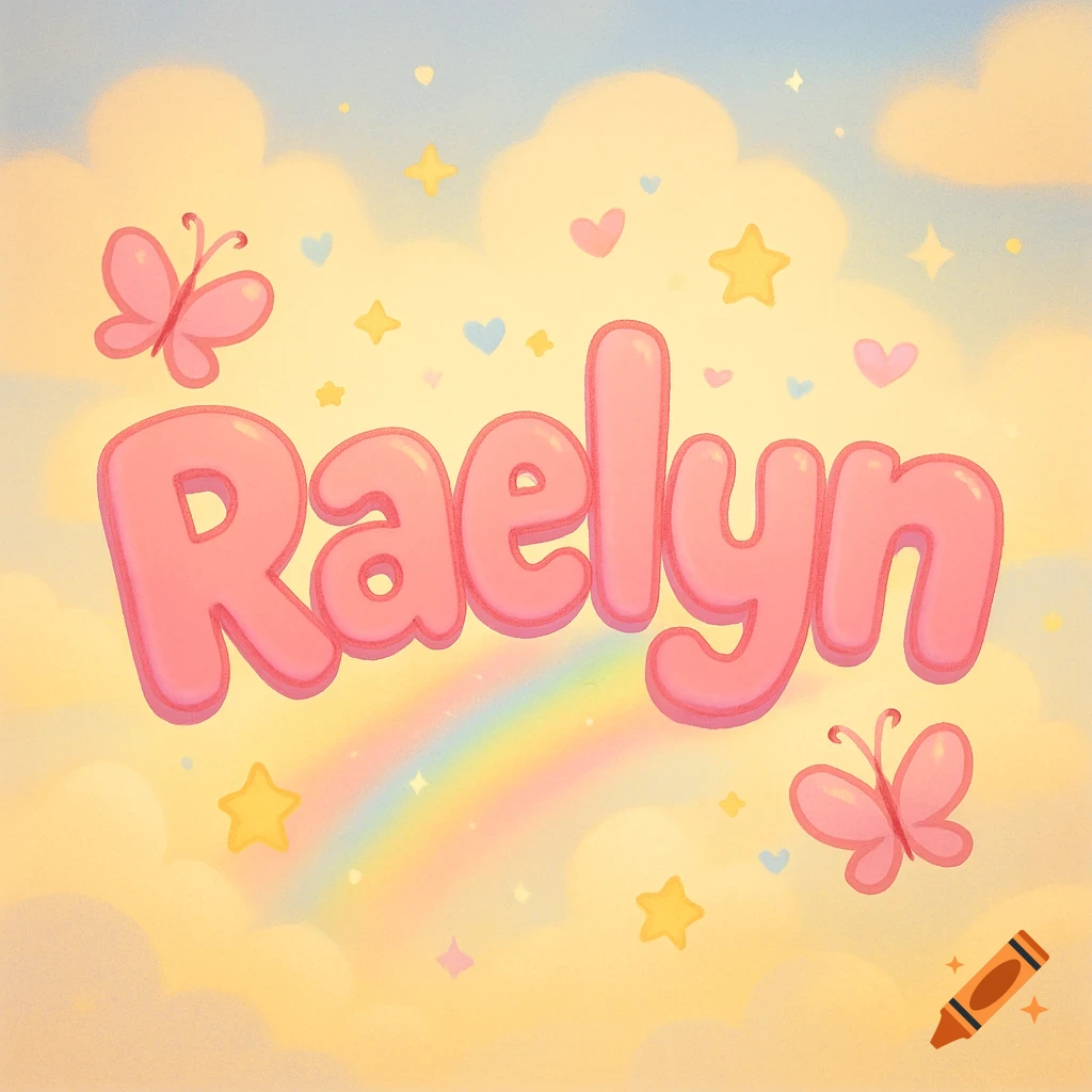 Pink bubbly cartoon text of the name 'Raelyn' against a pastel sky with clouds, butterflies, stars, and a rainbow.