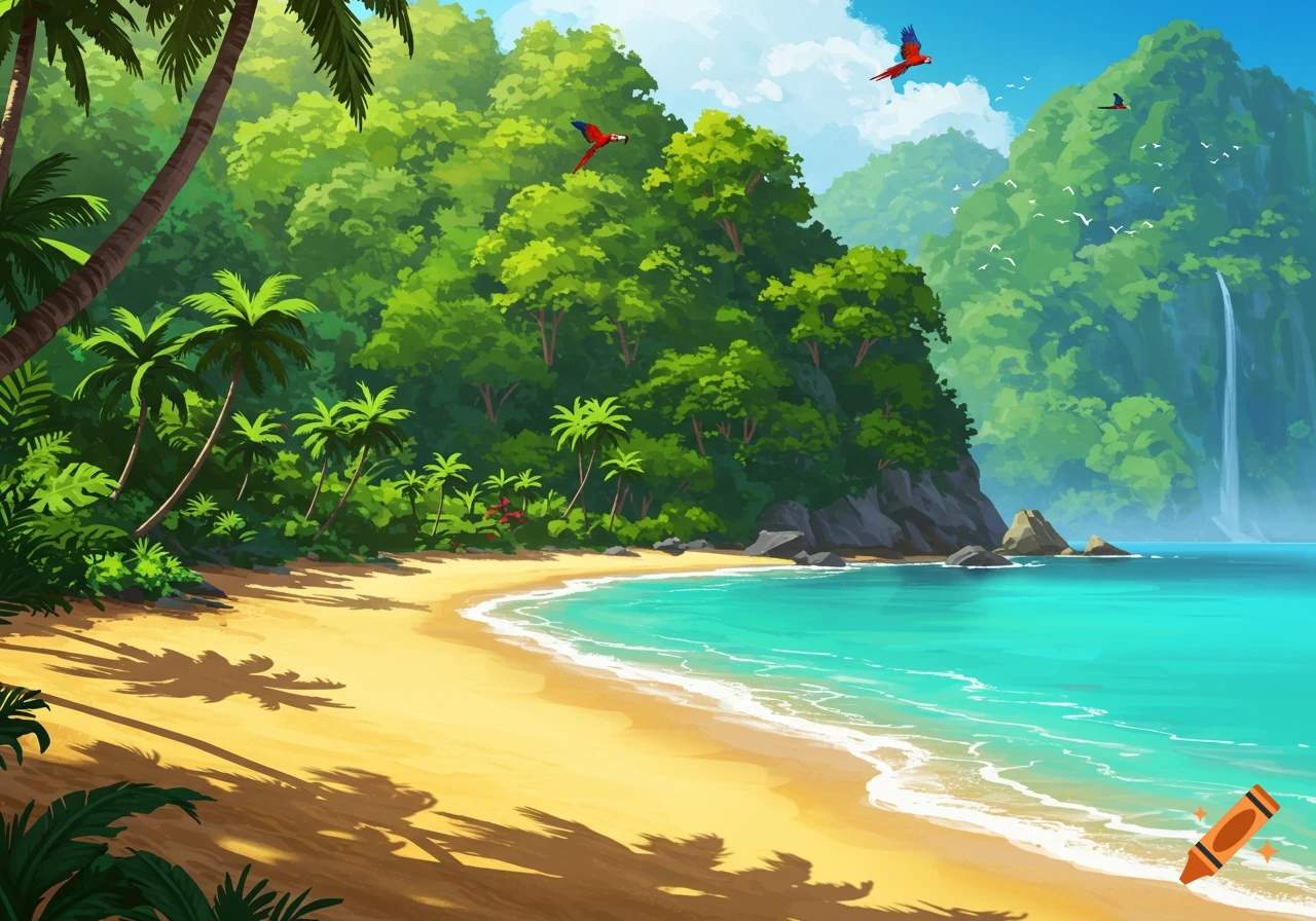 Vibrant illustration of a tropical beach with turquoise water, sandy shore, palm trees, lush jungle, and a distant waterfall.