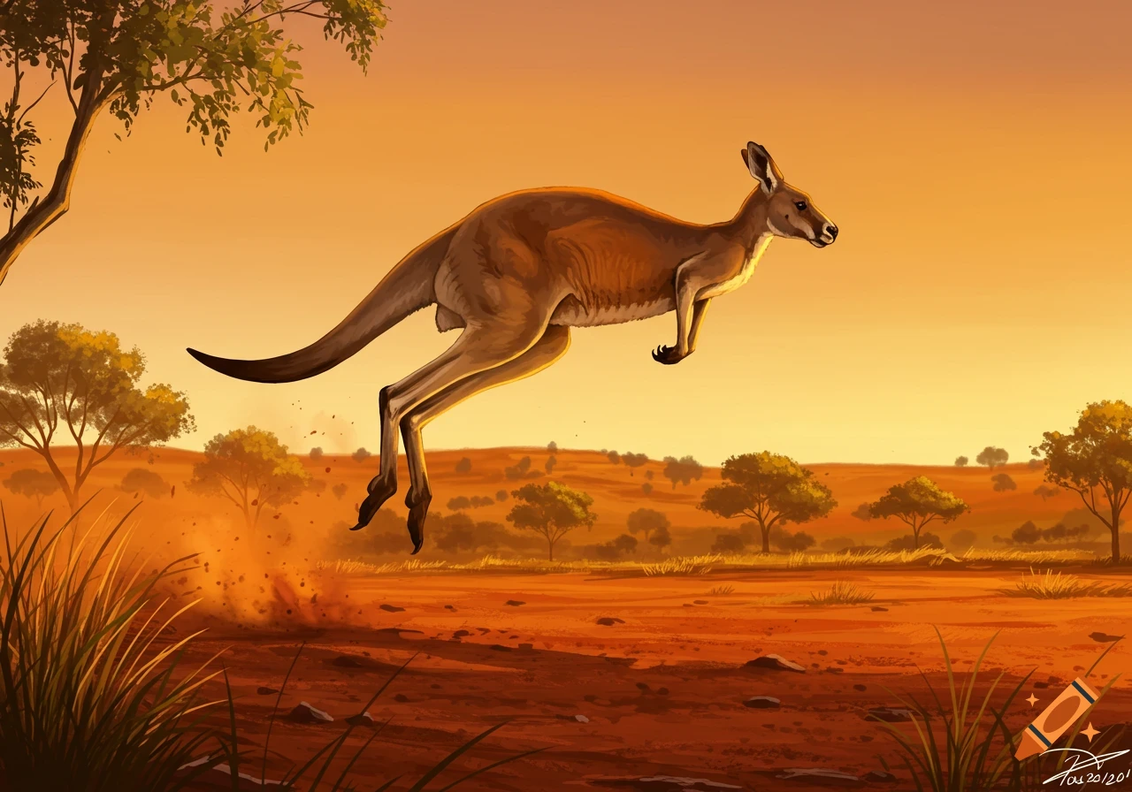 A kangaroo jumps through a red desert landscape at sunset, kicking up dust under a clear orange sky in a digital painting style.