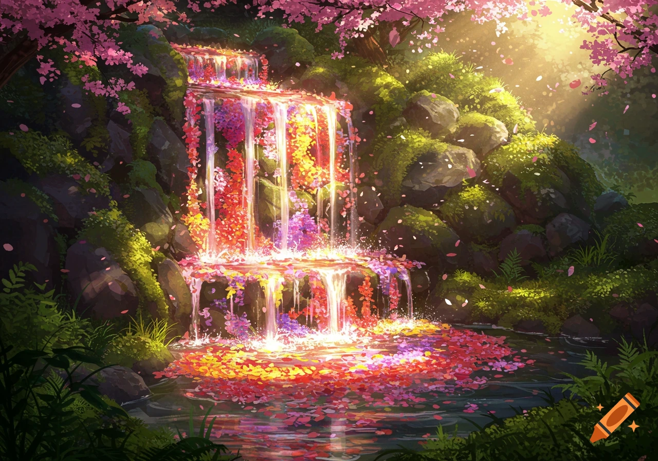 A vibrant anime-style fantasy landscape with a multi-tiered waterfall cascading amidst cherry blossoms and colorful flower petals, bathed in golden light.