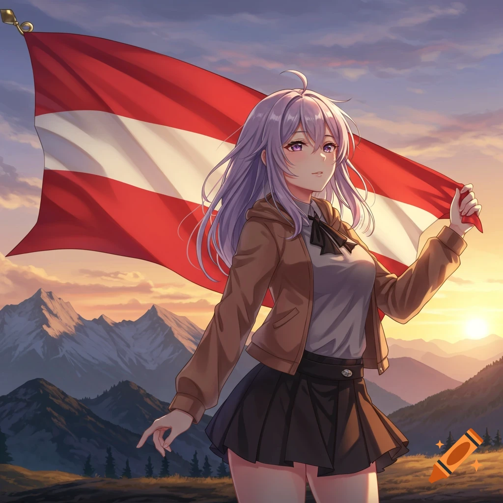 Anime girl with purple hair holding an Austrian flag in a mountain landscape at sunset, anime style.