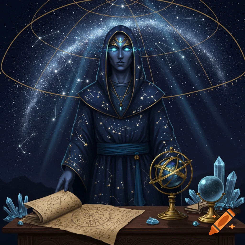 A mystical astrologer in a starry hooded robe, with glowing blue eyes, stands at a table with celestial charts and cosmic tools.
