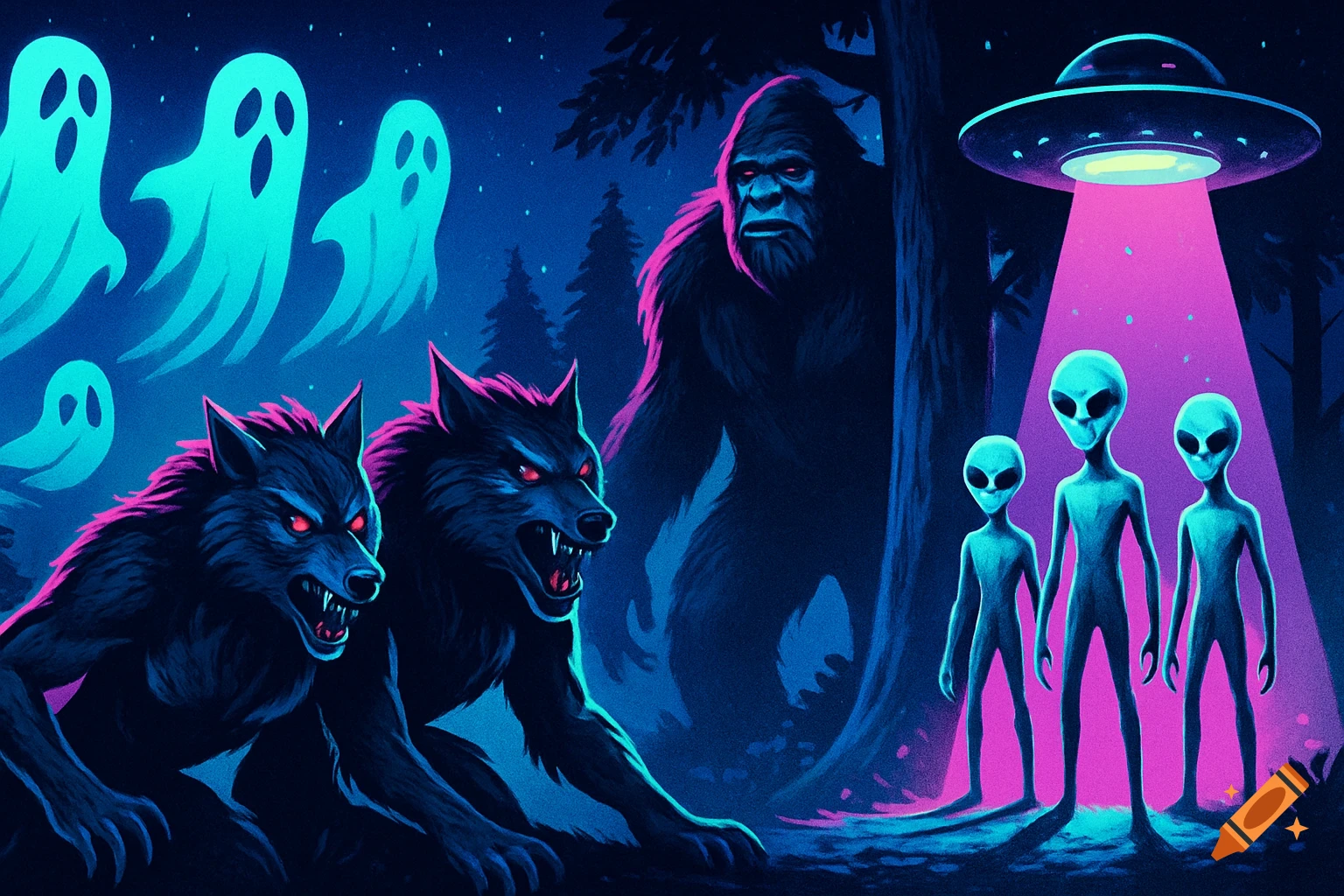 Vibrant, neon-lit illustration of a dark forest with ghosts, two werewolves, Bigfoot, and three aliens under a UFO's pink light.