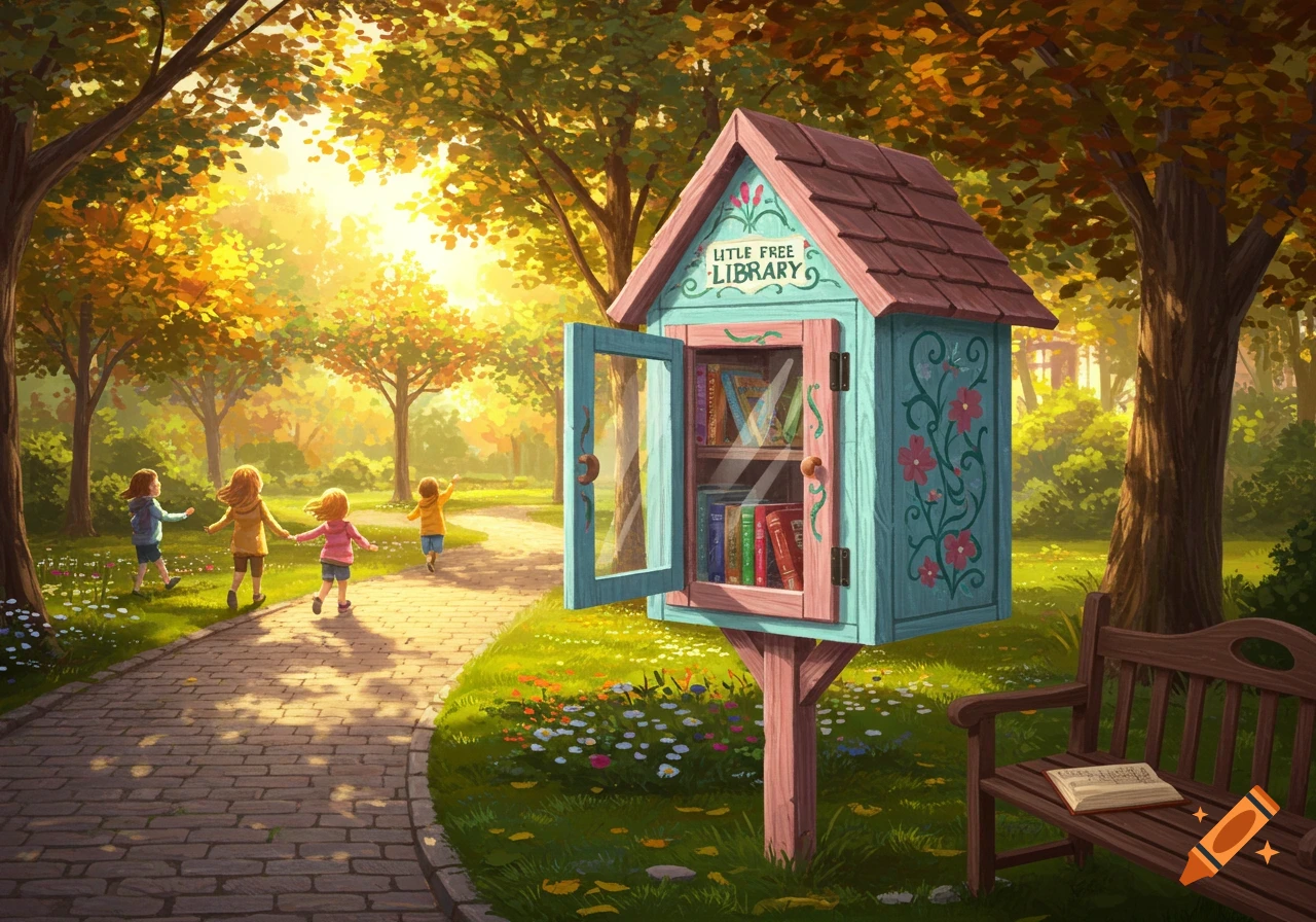 Illustrated scene of children walking on a brick path towards a Little Free Library in a sunny autumn park.