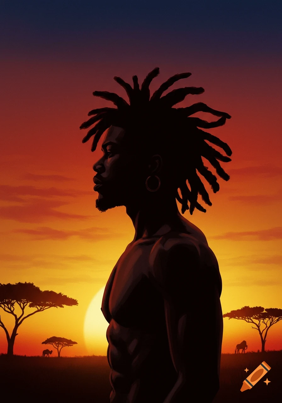 Illustrated silhouette of an African American man with dreadlocks against a vibrant savanna sunset with acacia trees.
