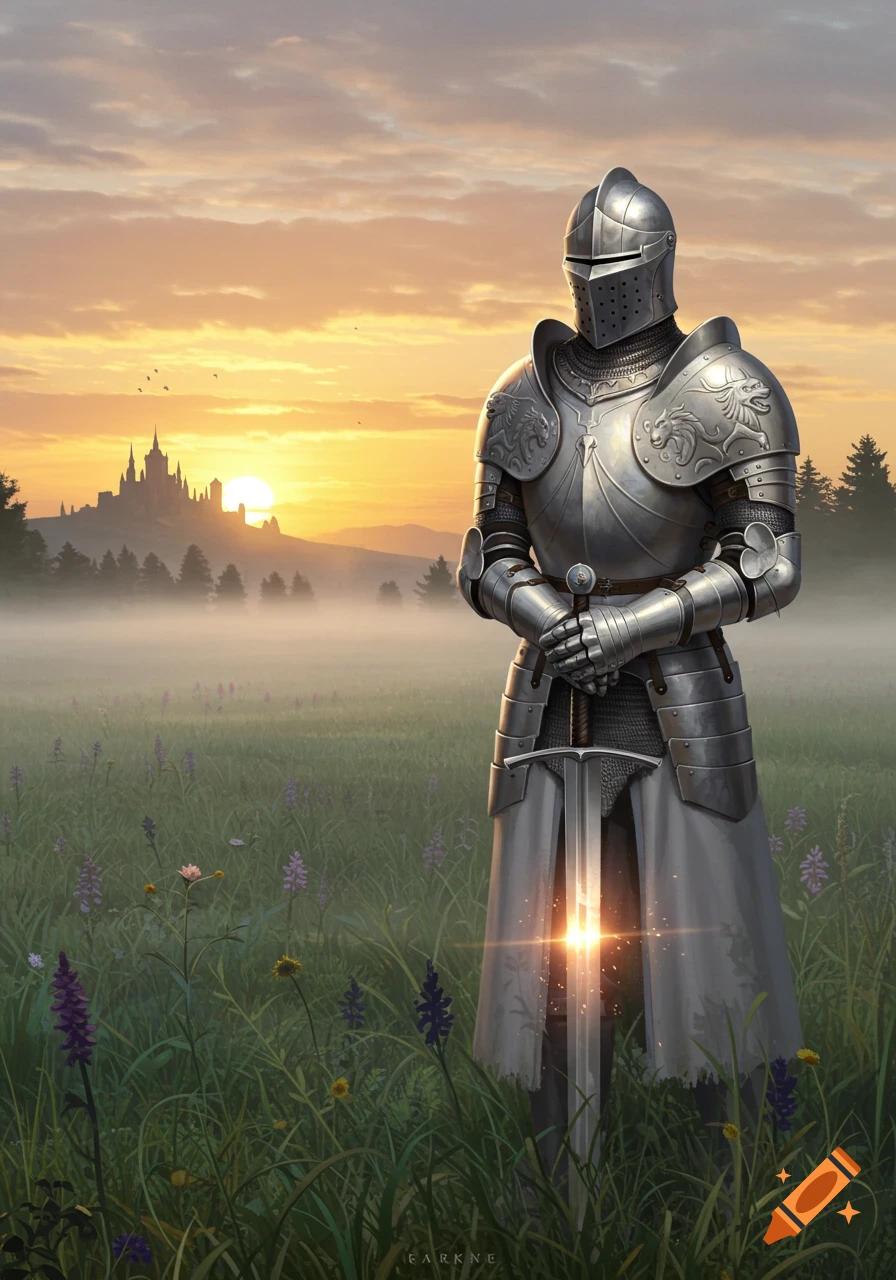 A knight in full silver armor stands in a misty field at sunrise, holding a sword. A distant castle is visible under an orange sky.