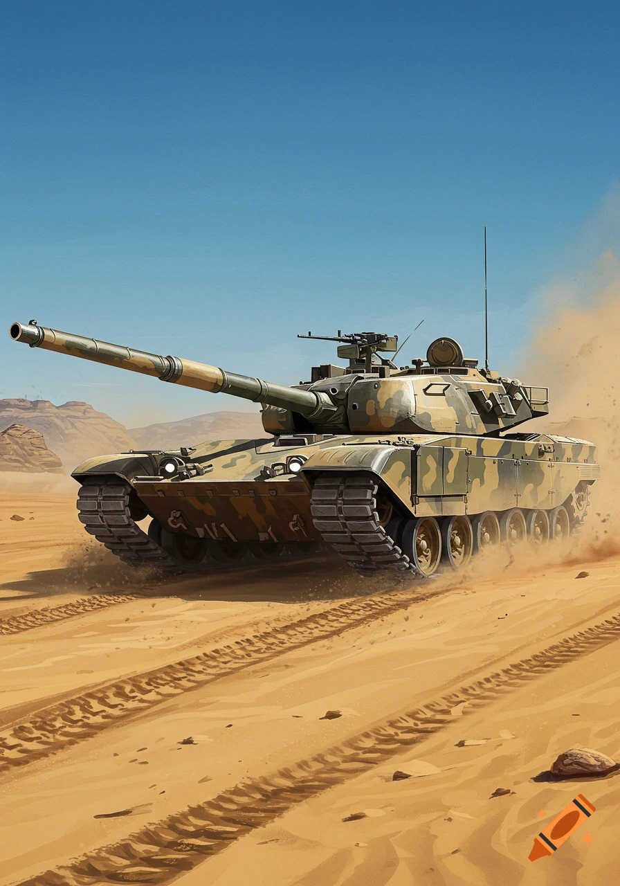 A camouflaged military tank drives dynamically through a sandy desert, kicking up dust under a clear blue sky.