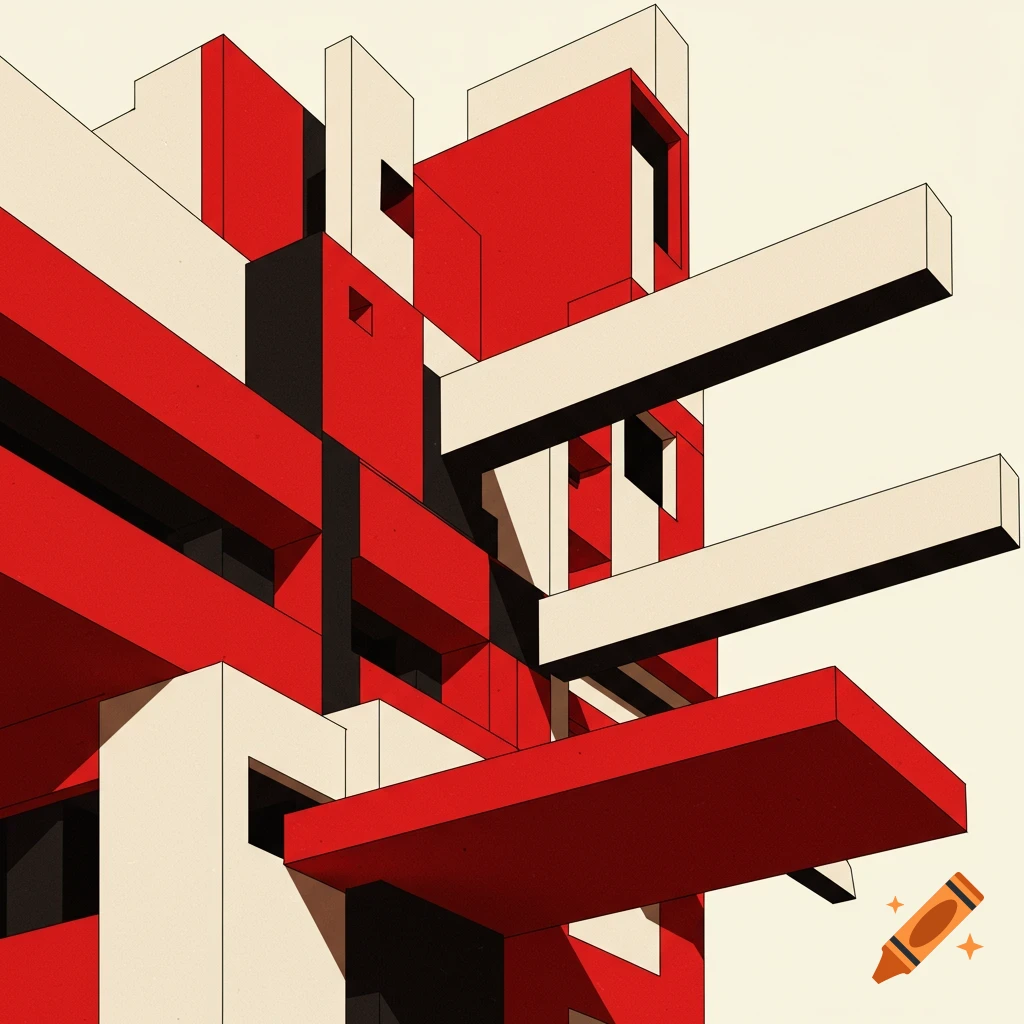 Abstract constructivist architecture featuring red, white, and black geometric shapes with strong shadows.