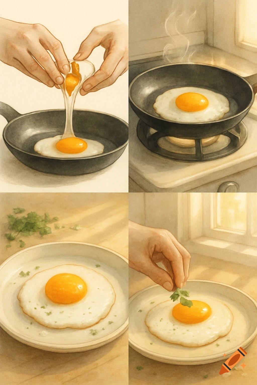 Four panel illustration showing how to cook a fried egg, from cracking it into a pan to garnishing on a plate.