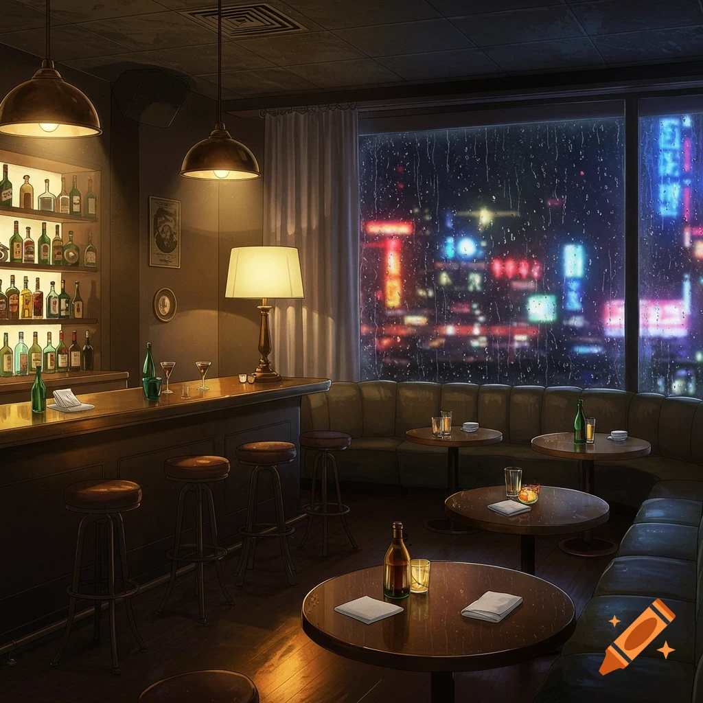 Anime-style jazz lounge interior with a glowing bar, seating, and a large window looking out at a rainy neon city at night.