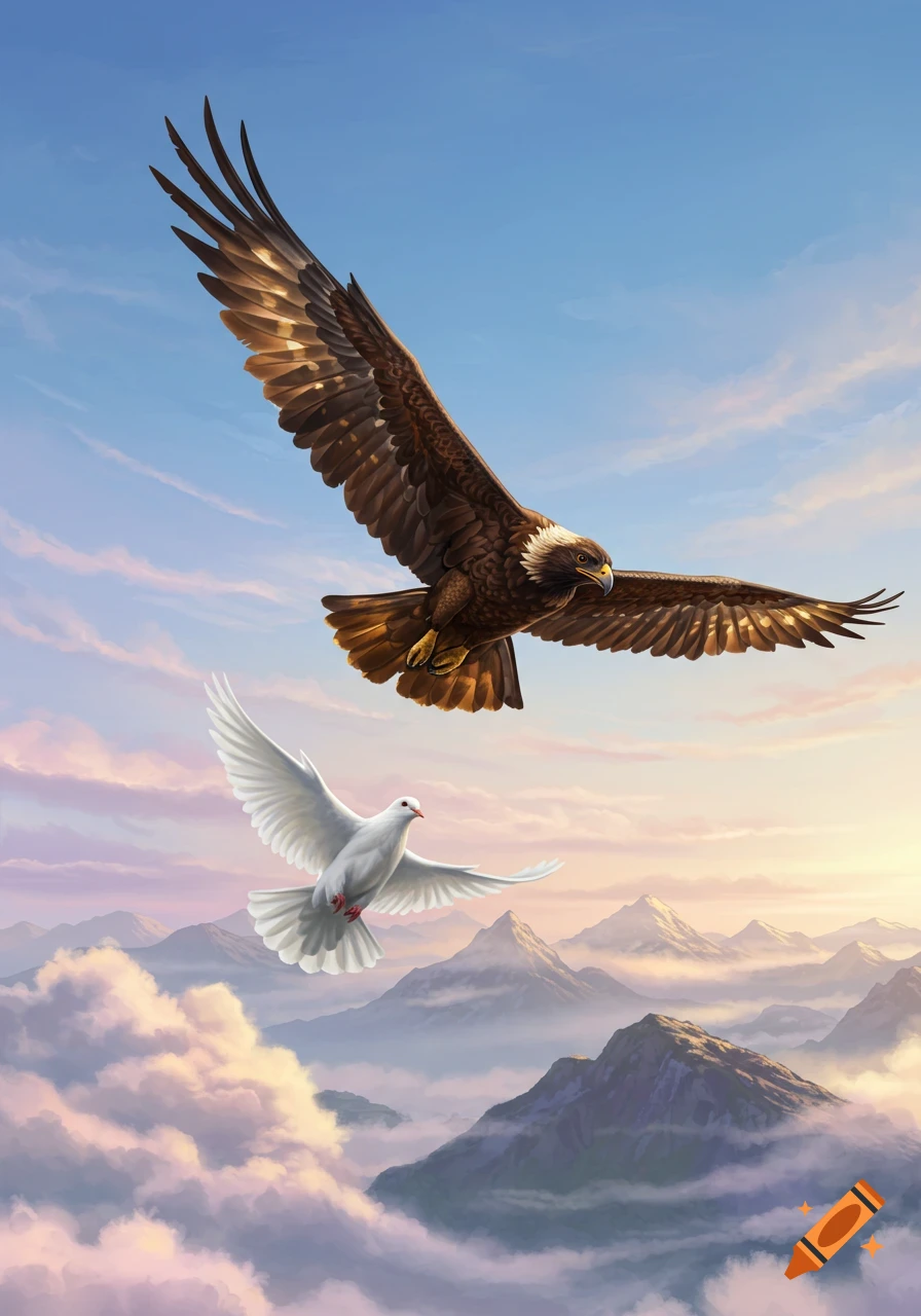 A detailed illustration of a golden eagle and a white dove flying above misty mountains and clouds at sunrise.