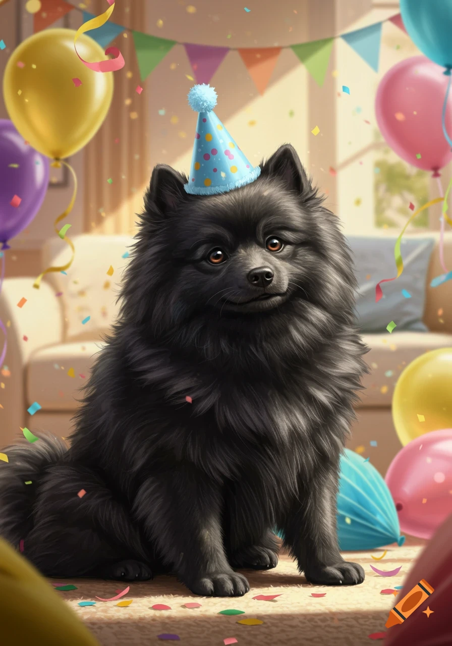 A cute black German Spitz dog wearing a blue birthday hat, sitting among colorful balloons and falling confetti in a photorealistic style.