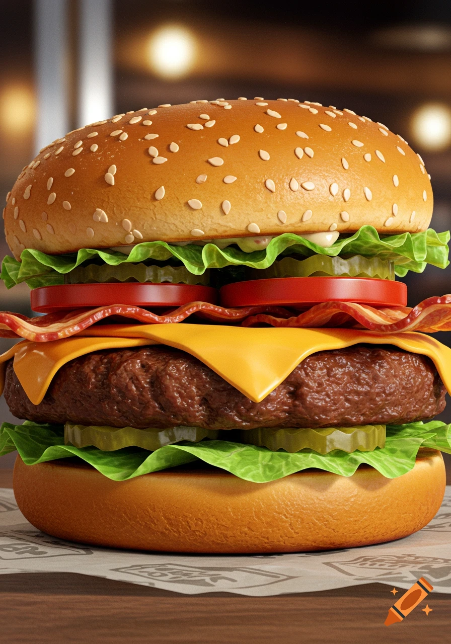 A detailed, mouth-watering cheeseburger with lettuce, pickles, tomatoes, bacon, and melted cheese on a sesame seed bun.