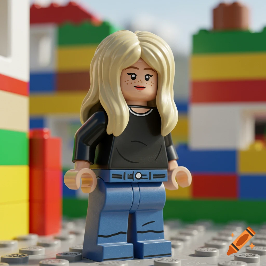 A Lego figure of a girl with long blonde hair, freckles, wearing a black shirt and blue jeans, standing in a colorful Lego environment.