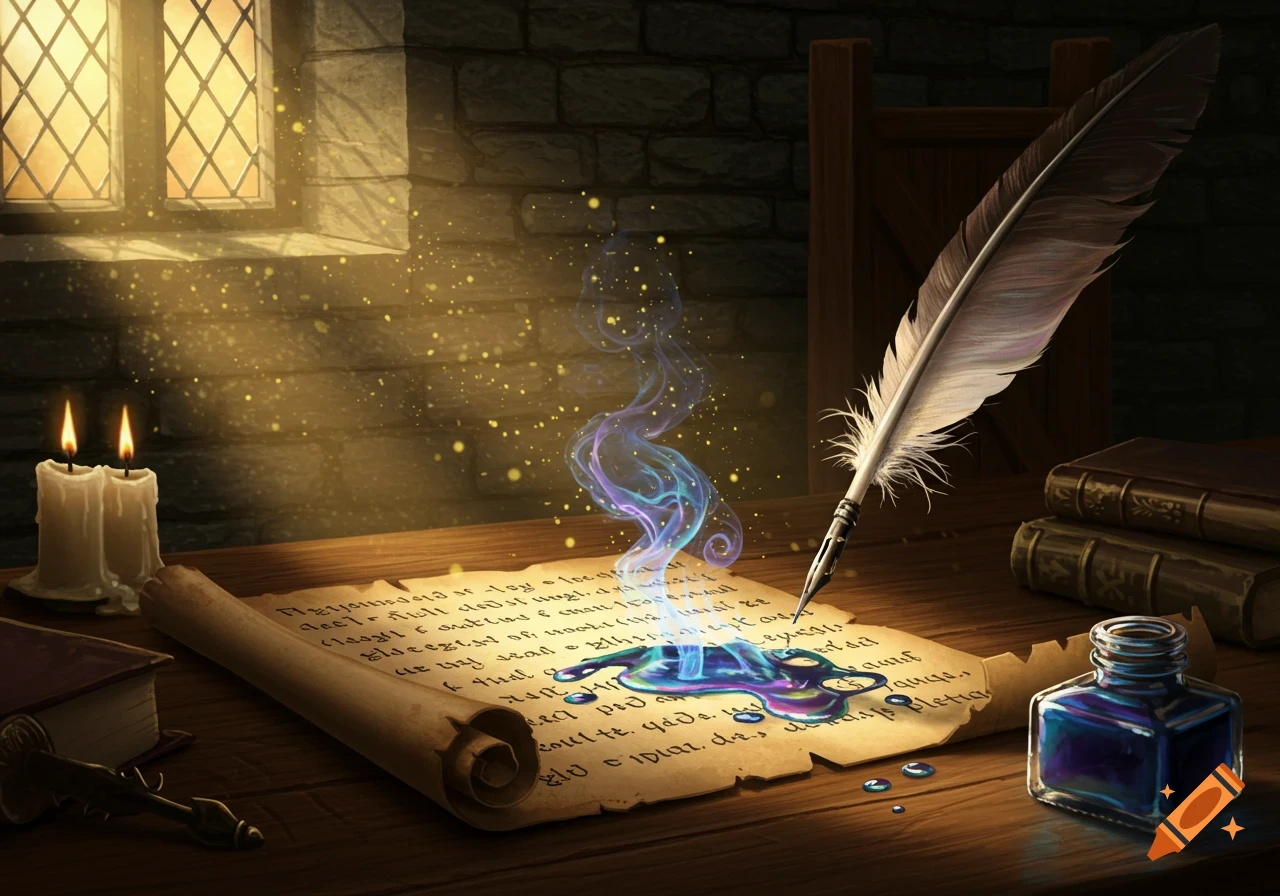 A quill pen writes glowing, magical disappearing ink on a scroll with candles and books in a dimly lit stone room, fantasy art.
