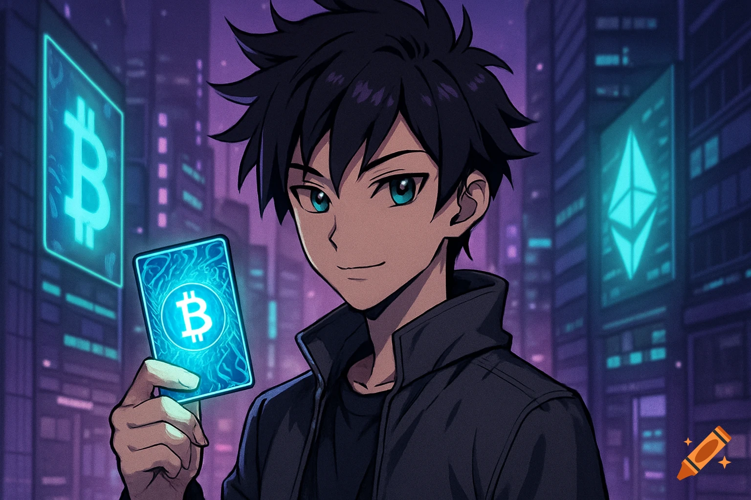 An anime character holds a glowing Bitcoin card in a cyberpunk city with crypto signs. Anime style.