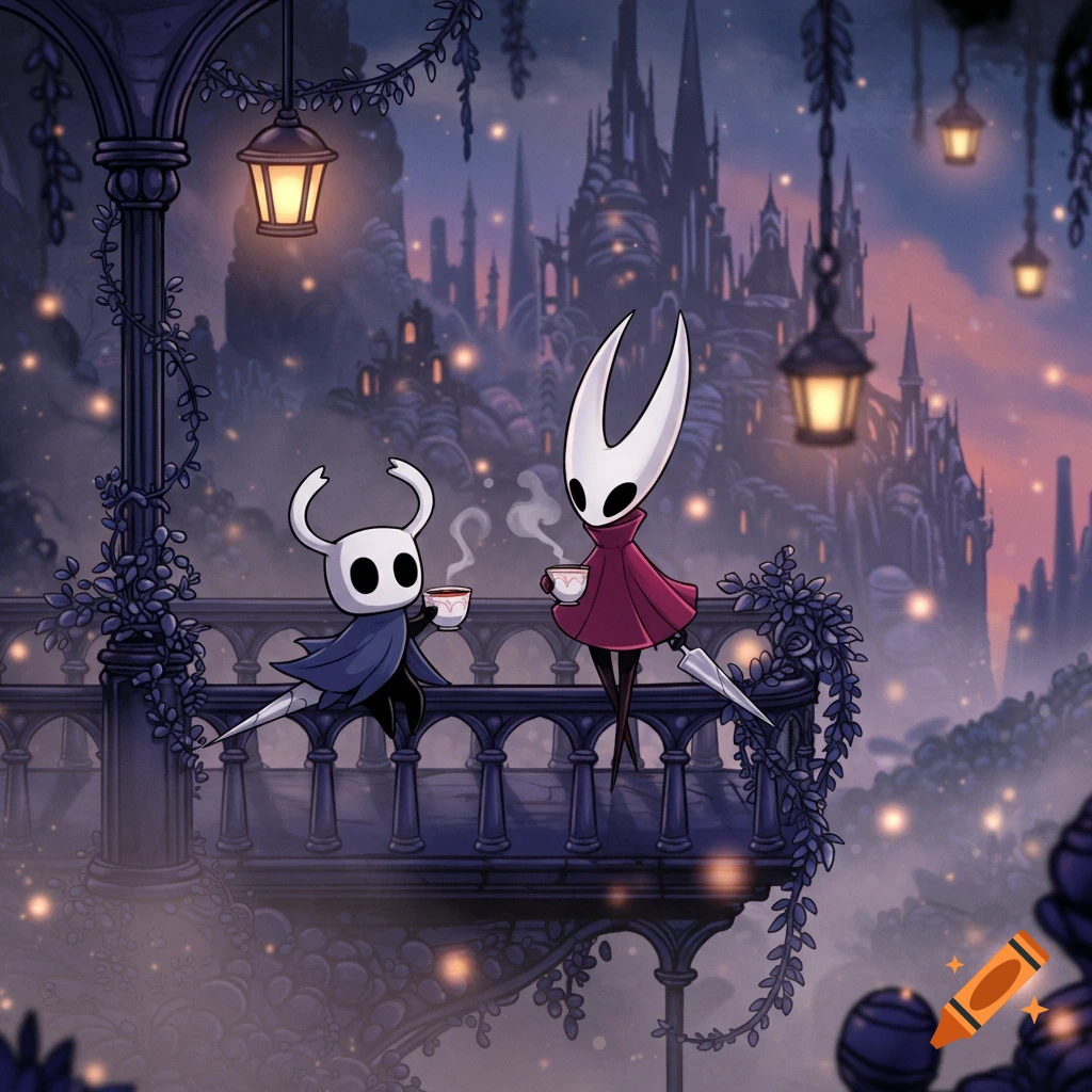 The Knight and Hornet from Hollow Knight sip tea on a balcony overlooking a glowing fantasy castle city.