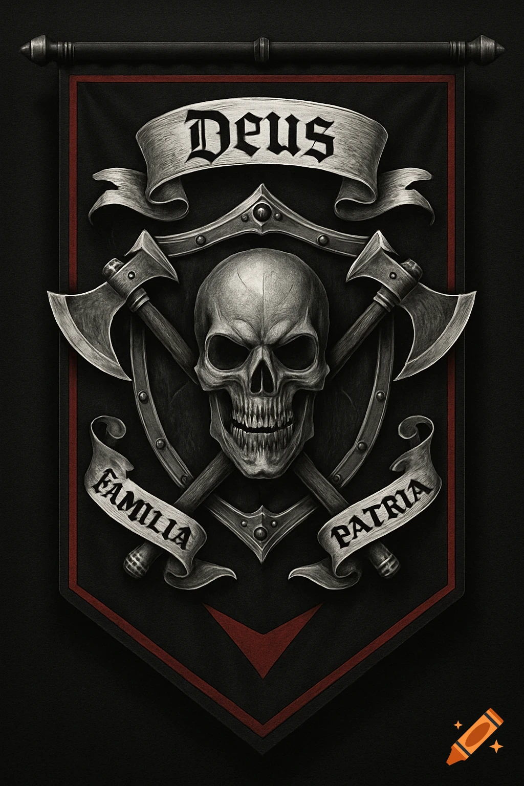 Grayscale banner with a skull, crossed axes, and scrolls reading 'Deus', 'Familia', 'Patria' with red accents.