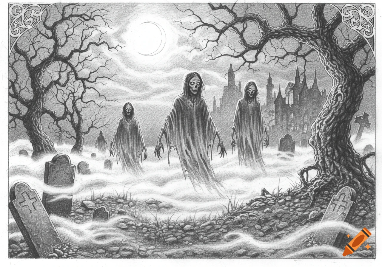 Black and white pencil sketch of ghoulish figures floating through a misty graveyard with spooky trees and a castle under a crescent moon.