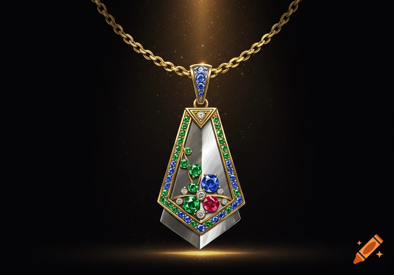 A stylized golden and silver-colored necklace pendant, geometrically shaped, adorned with blue, green, red, and white gemstones, against a dark background with golden light effects.