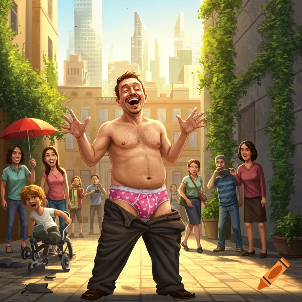 A man in pink heart boxers laughs while standing pantsed in a bustling city street, surrounded by onlookers.