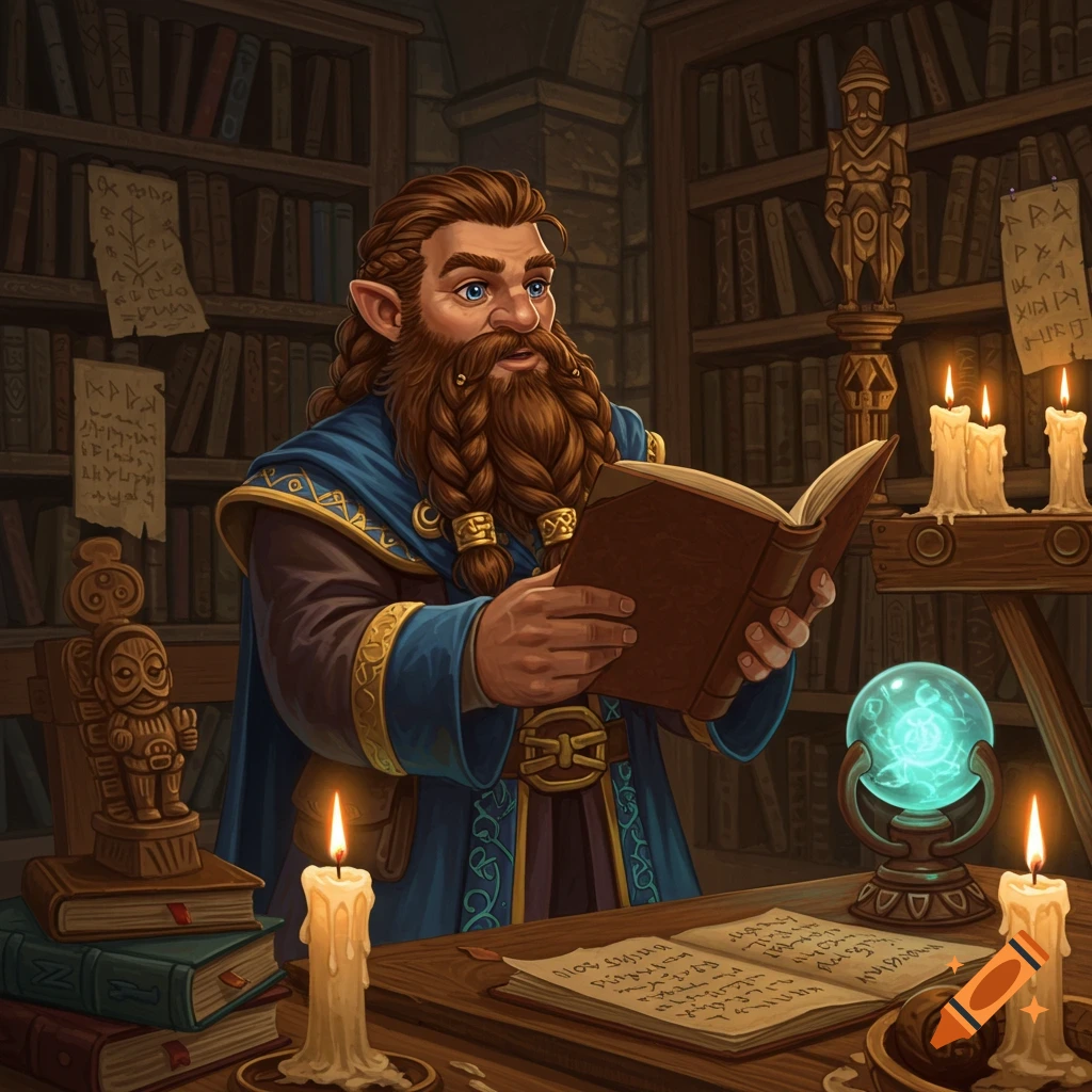 A bearded dwarven scholar with pointy ears, wearing a blue robe, reads an open book in a dimly lit library.
