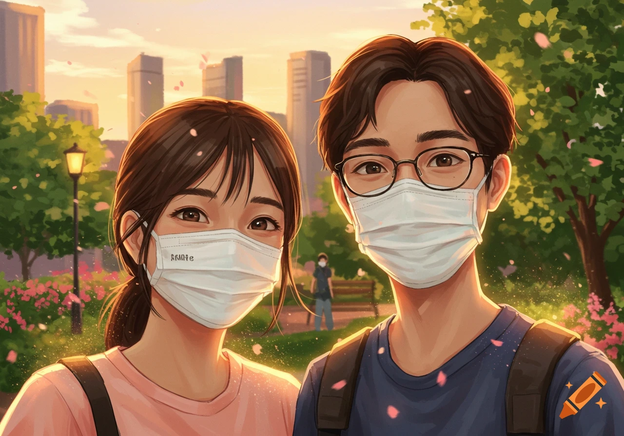 Anime illustration of a young man and woman wearing white face masks, smiling, in a park at sunset with city buildings in the background.