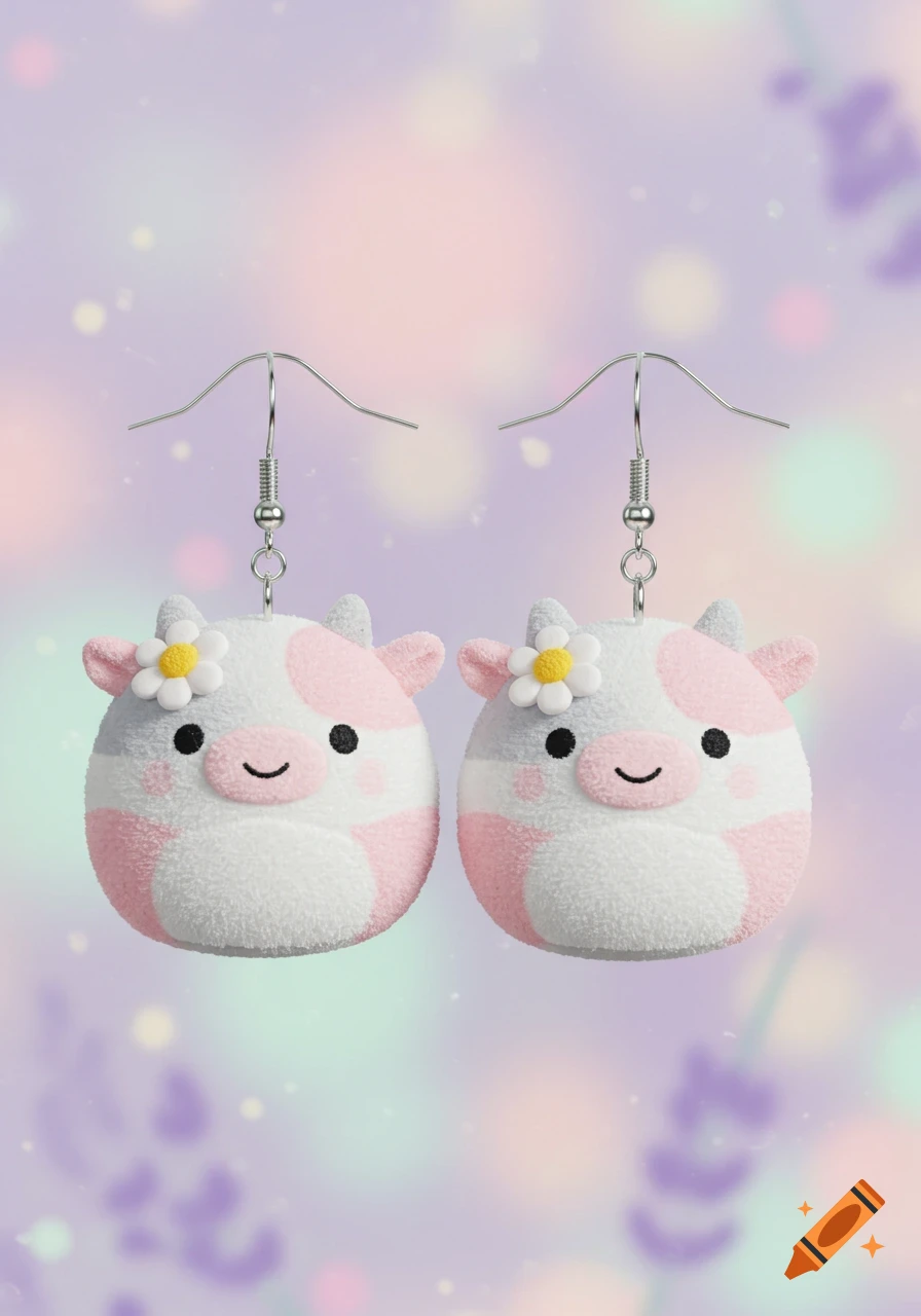 A pair of cute pink and white Squishmallow cow dangle earrings with daisy flowers on their heads, set against a soft, blurry pastel background.