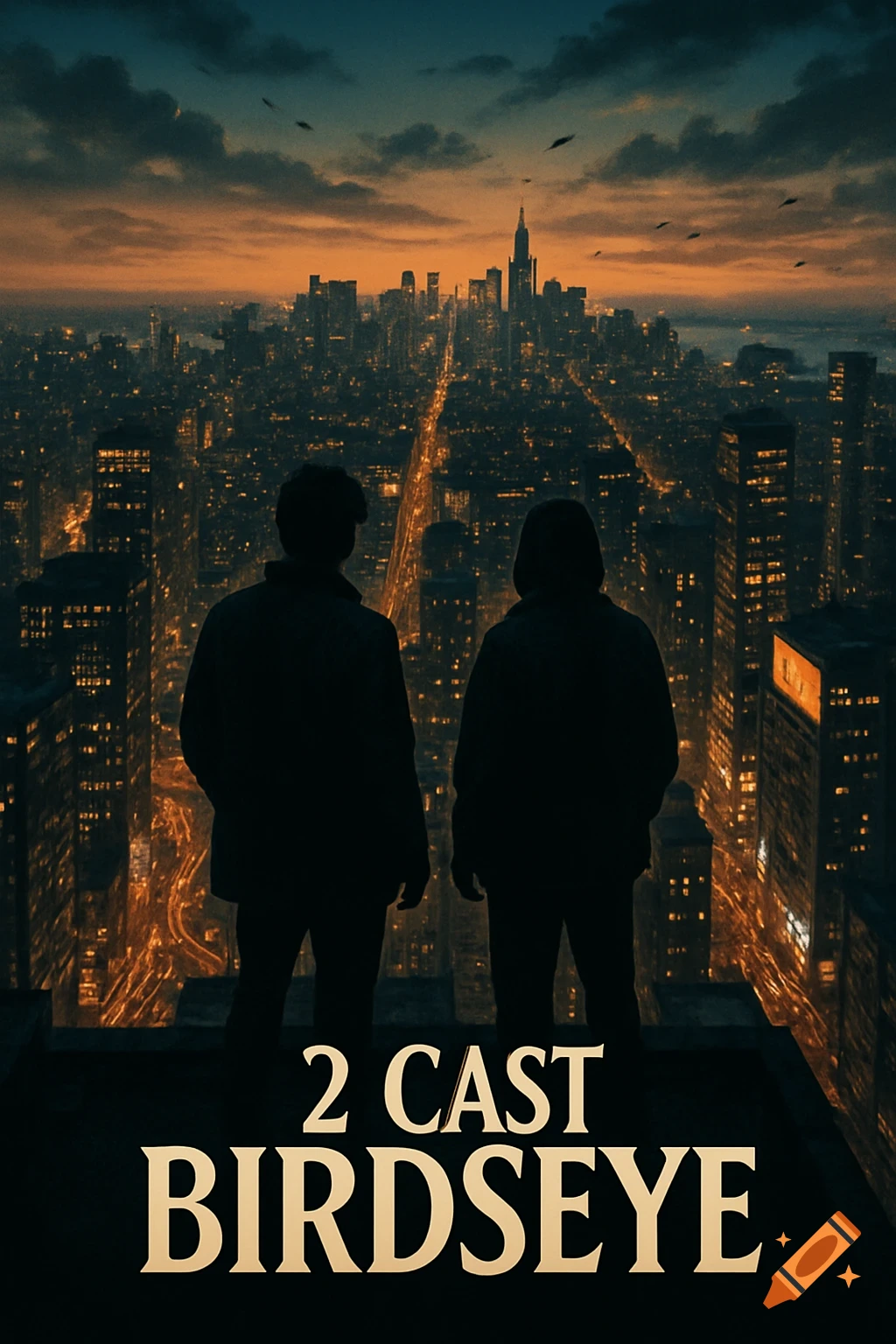 Two figures in silhouette on a rooftop overlooking a vast, lit-up city at dusk. Text: '2 CAST BIRDSEYE'.