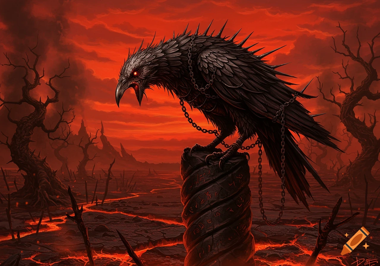 A menacing, spiked black raven with glowing red eyes and chains stands on a runic pillar in a fiery, hellish landscape under a red sky. Dark fantasy art.