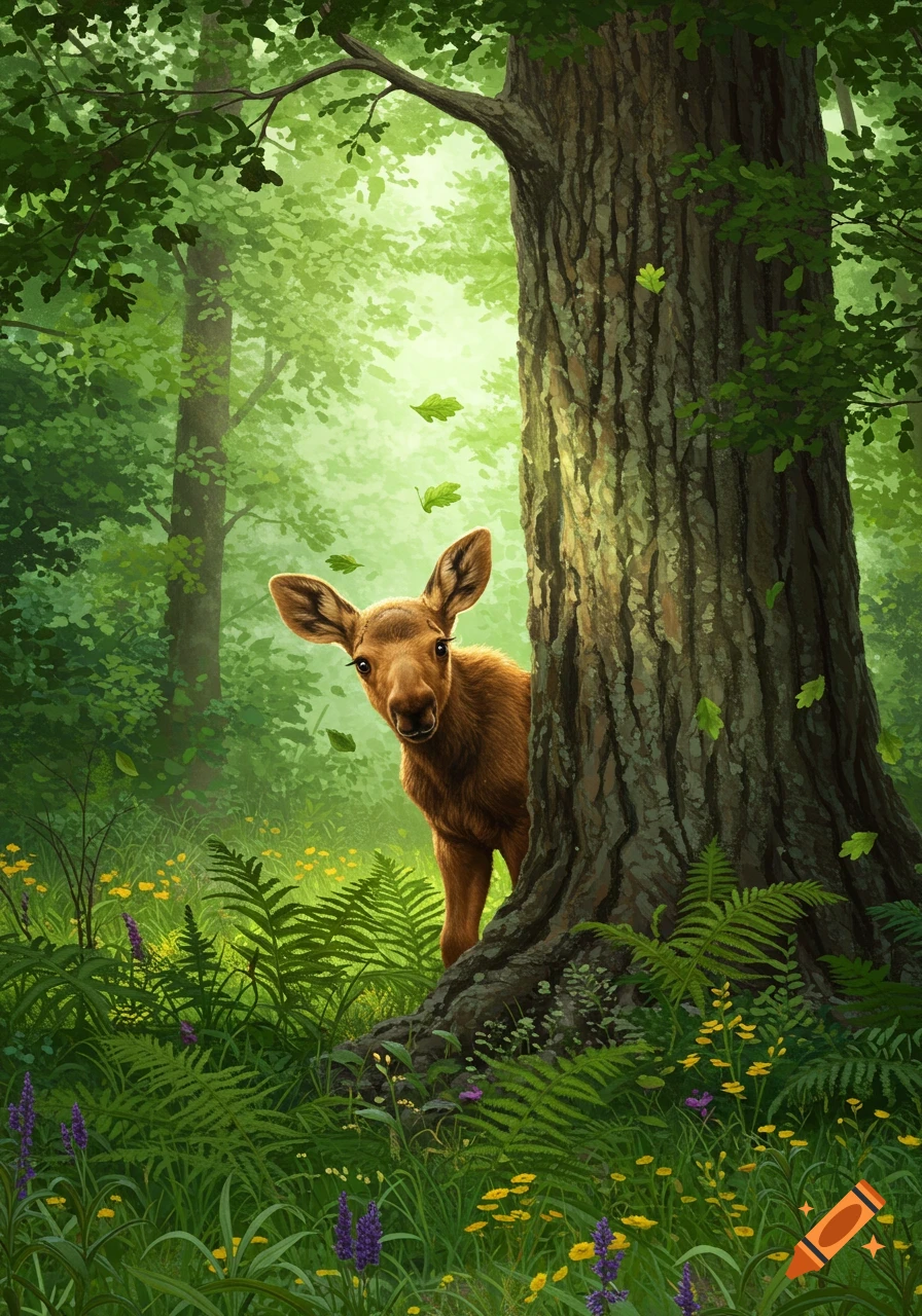A cute baby moose with big ears peeks from behind a large tree in a lush, sunlit forest filled with ferns and wildflowers, illustrated style.