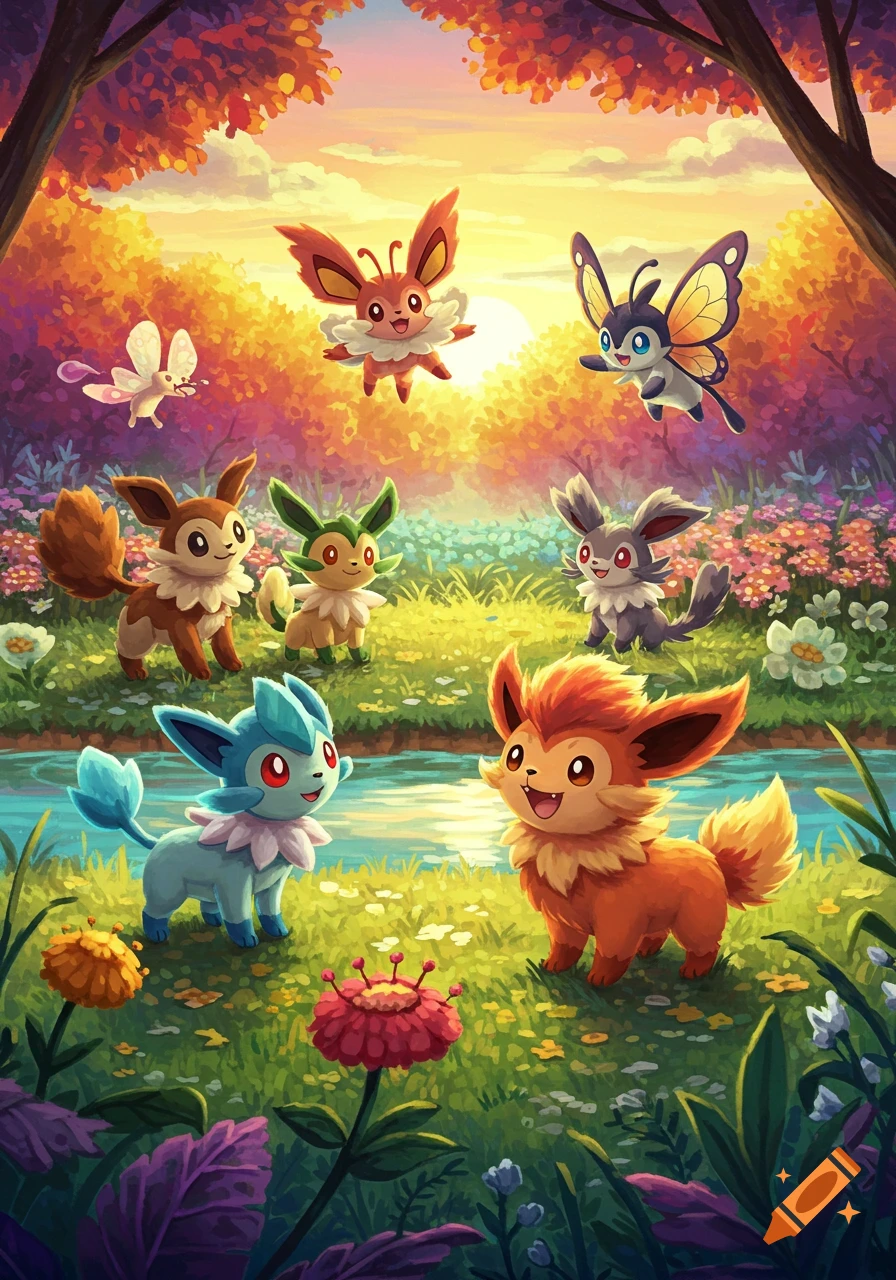 A group of Eevee-like creatures and bug Pok 00E9mon in a vibrant, illustrated fantasy forest with a stream and sunset.