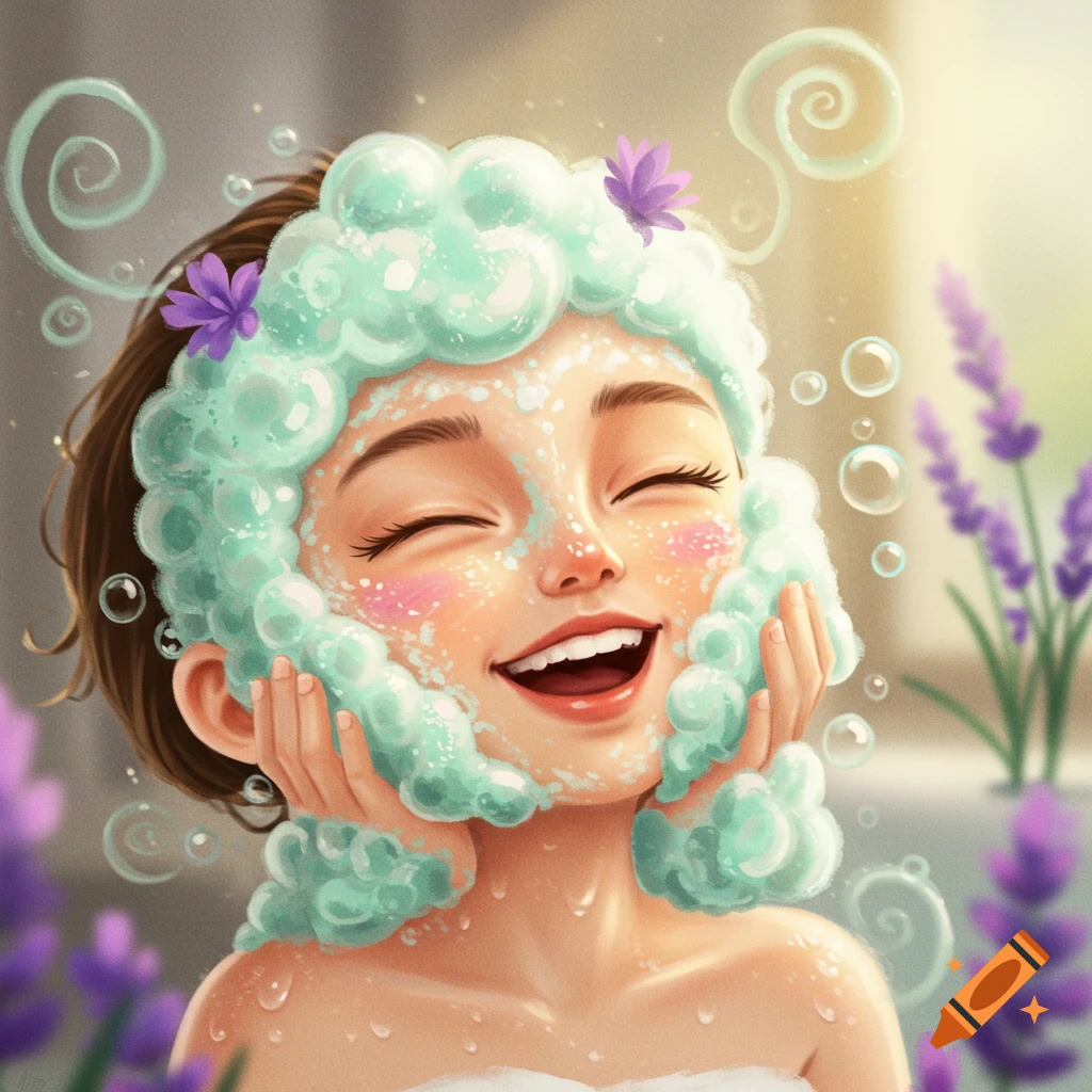 Happy cartoon girl with a bubbly green facial scrub and lavender flowers, in an illustration style.