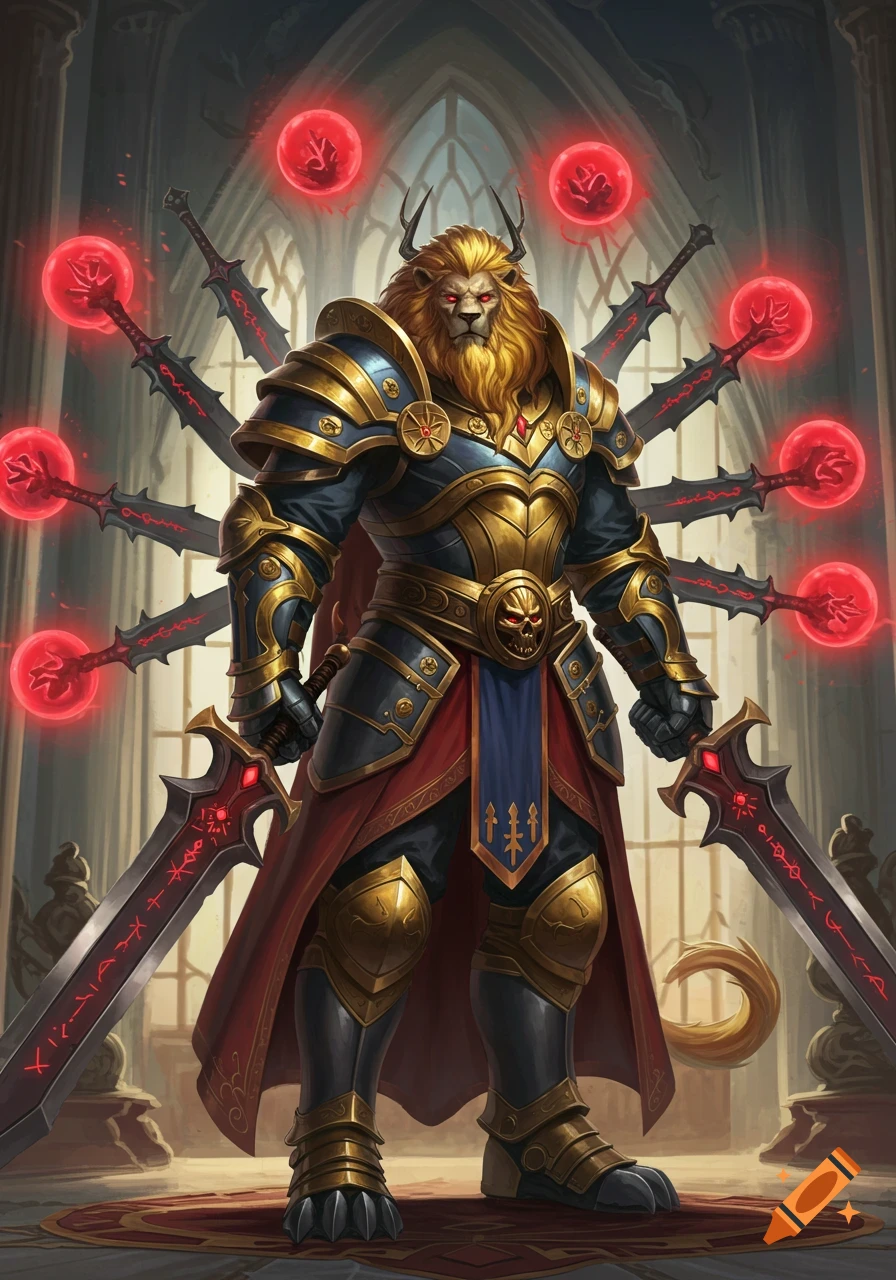 A powerful lion-man warrior in ornate gold and blue armor wields two greatswords with glowing red runes, surrounded by floating magical swords and orbs, standing in a grand hall.
