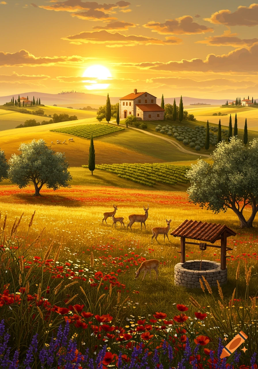 Vibrant illustration of a Tuscan countryside at sunset, featuring rolling hills, a farmhouse, vineyards, cypress trees, poppy fields, deer, and an old well.