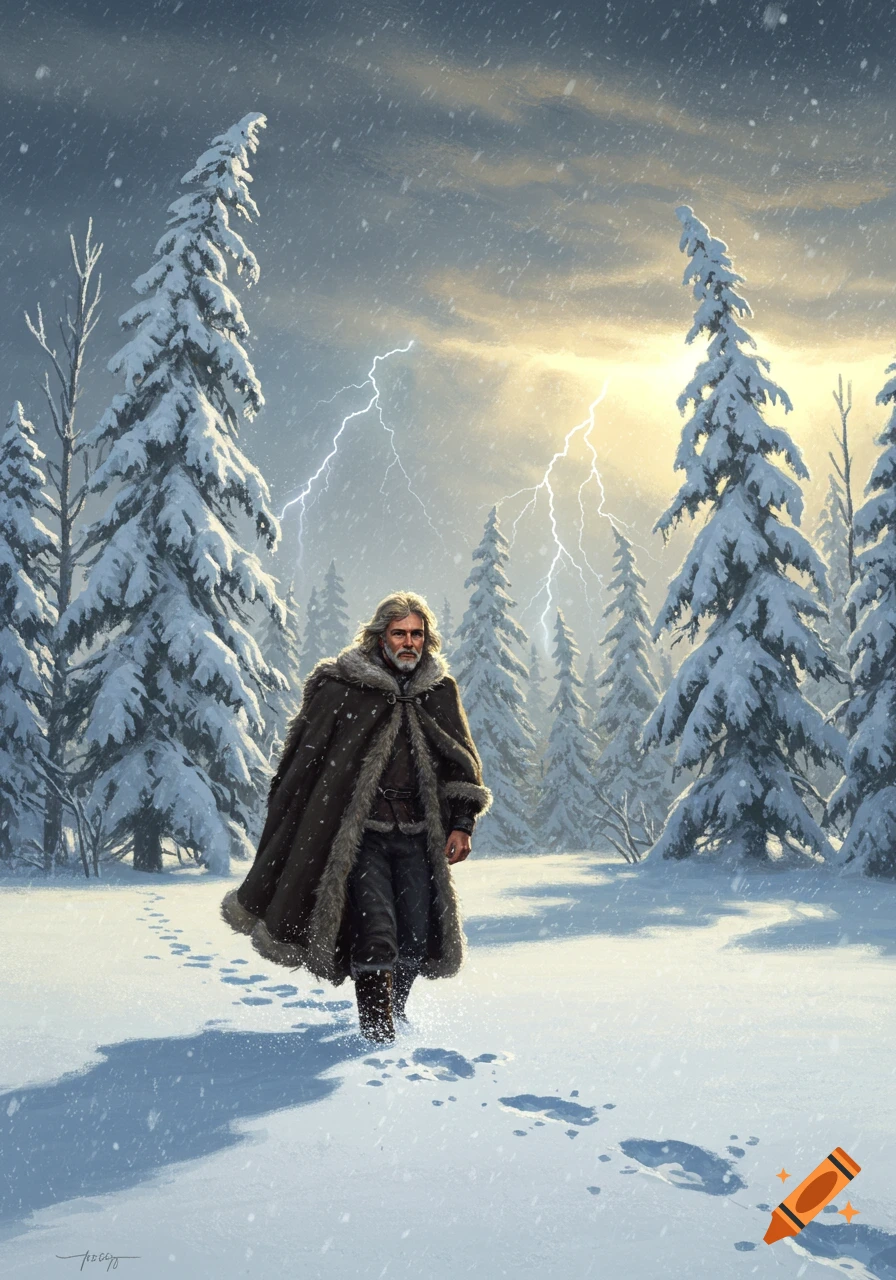 A dramatic portrait of a man in a fur-trimmed cloak walking alone through a snowy forest during a lightning storm.